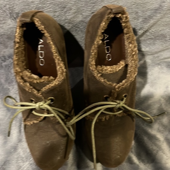 Brown suede with fleece trim high heel bootie 3 1/2” with 1” platform - Picture 3 of 3
